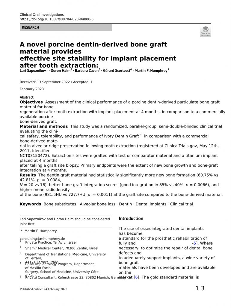 A novel porcine dentin‑derived bone graft material provides efective site stability for implant placement after tooth extraction: a randomized controlled clinical trial